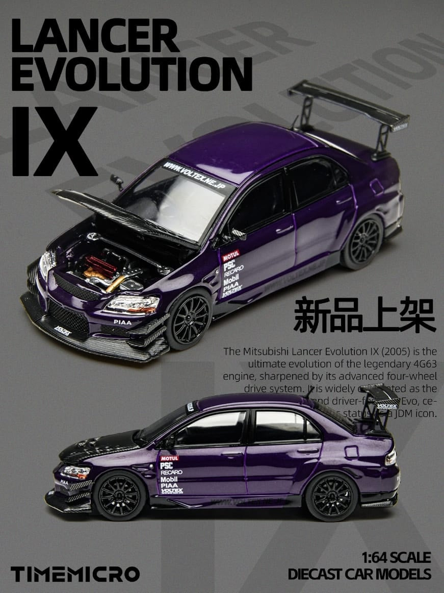 Time Micro TM 1:64 Diecast Model Lancer Evolution EVO IX Open-Hood, Visible Engine Metallic Purple(TM800214)