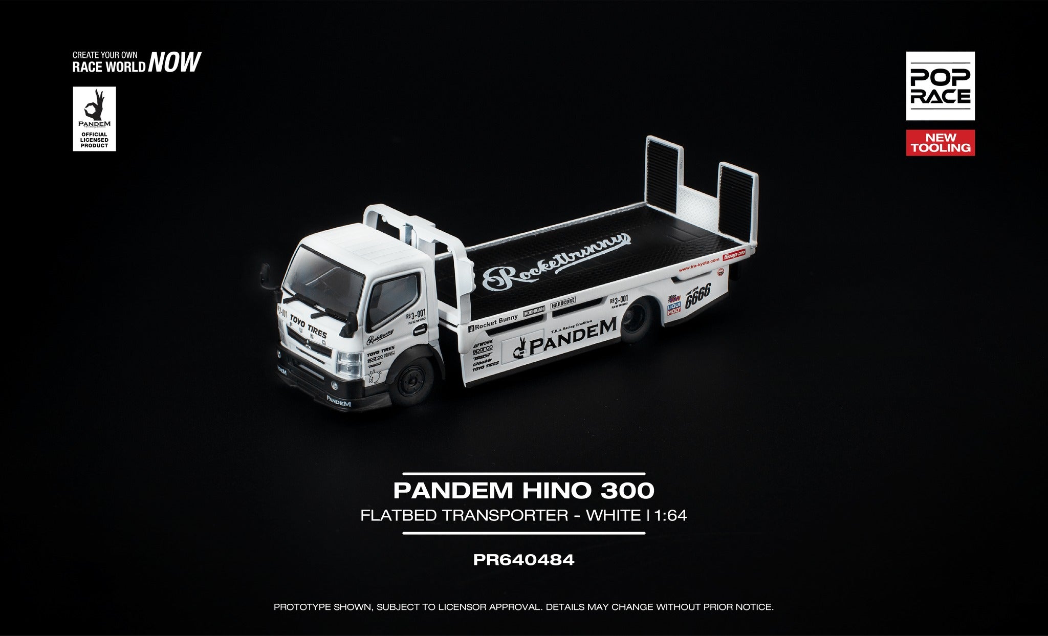 Pop Race PR640484  NEW TOOLING Product Name: PANDEM HINO 300 FLATBED TRANSPORTER - WHITE