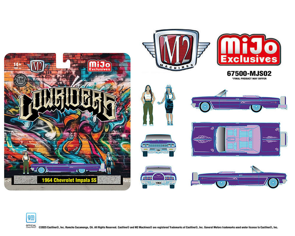 (Preorder) M2 Machines 1:64 Diorama Series 1964 Chevrolet Impala SS Convertible Top-Down Lowriders with 2 Ladies Figures – Metallic Purple – Mijo Exclusives