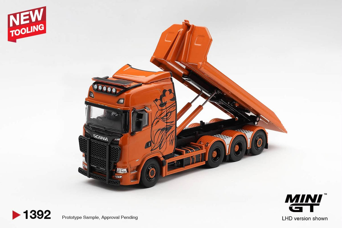 MiniGT Scania 770S B8x4NA Hooklift Flatbed Orange
