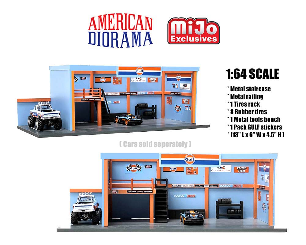 American Diorama 1:64 Mijo Exclusive Garage Diorama with Auto World GULF Stickers Included Limited 2,400