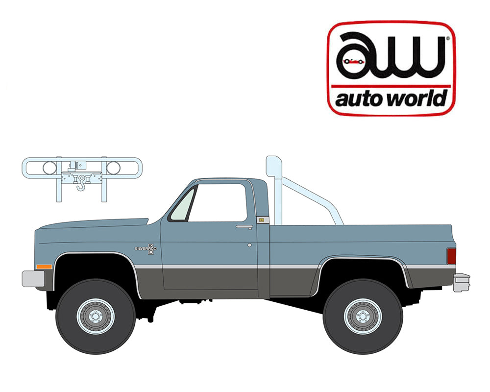 (Preorder) Auto World 1:64 2026 Premium Release 2A – 1987 Chevy Silverado Fleetside 4×4 w/Roll Bar & Push Bar- Light Blue