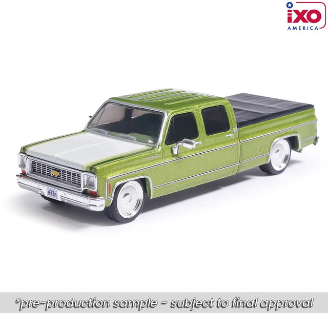 (Preorder) IXO Model 1:64 1974 Chevrolet Cheyenne Super C10 Crew Cab Fleetside - Lime Green Metallic - Lowered