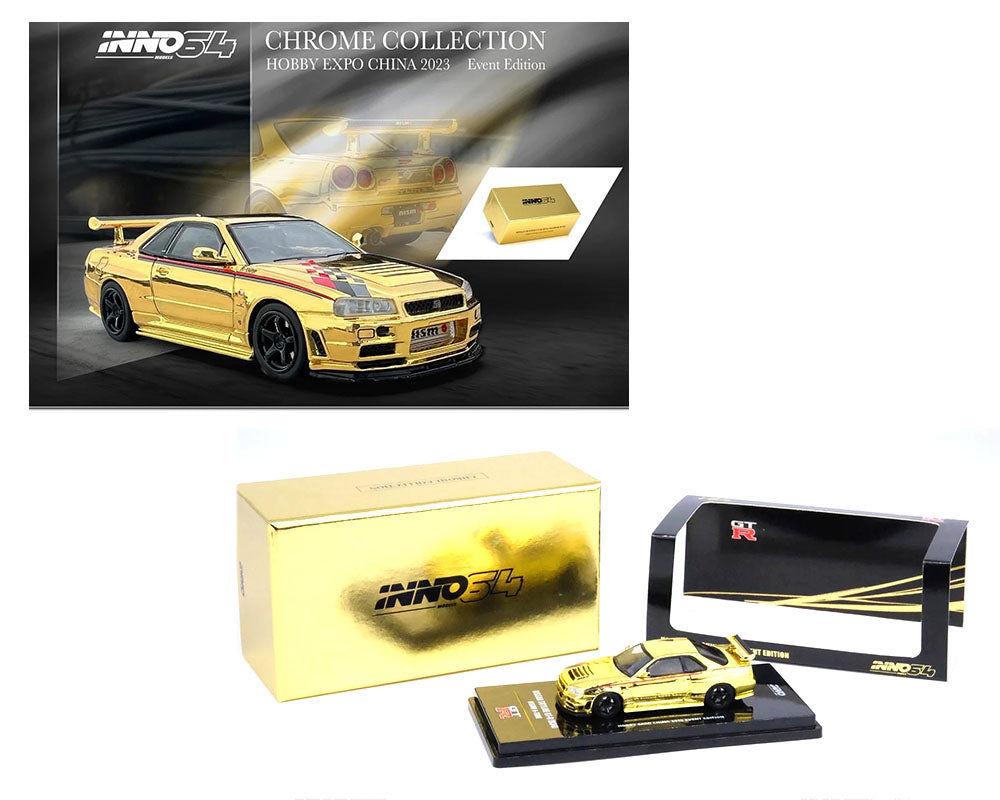 IN64-R34RT-GCH - INNO 1:64 NISSAN SKYLINE GT-R (R34) NISMO R-TUNE GOLD CHROME HOBBY EXPO CHINA 2023 EVENT SPECIAL EDITION