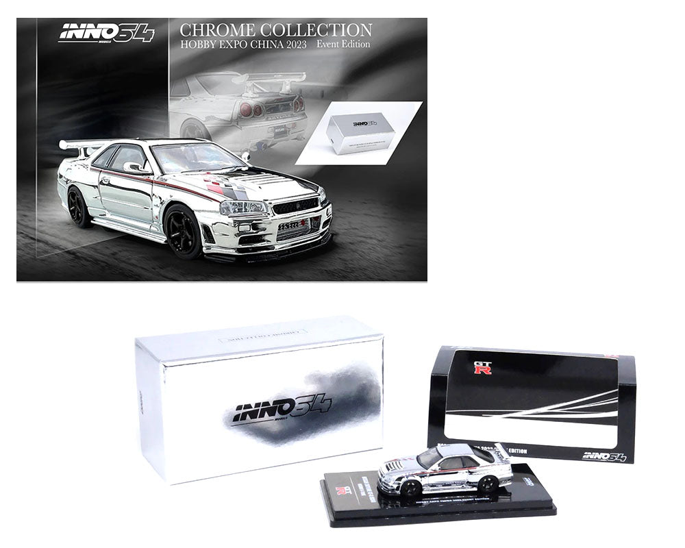 IN64-R34RT-SCH - INNO 1:64 NISSAN SKYLINE GT-R (R34) NISMO R-TUNE SILVER CHROME HOBBY EXPO CHINA 2023 EVENT SPECIAL EDITION