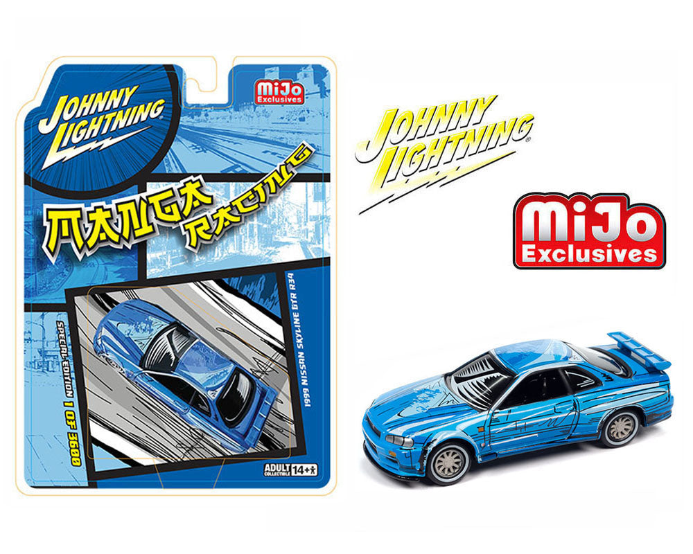 Johnny Lightning 1:64 1999 Nissan GT-R R34 Manga Racing- Blue – Mijo Exclusives Limited 3,600 Pieces