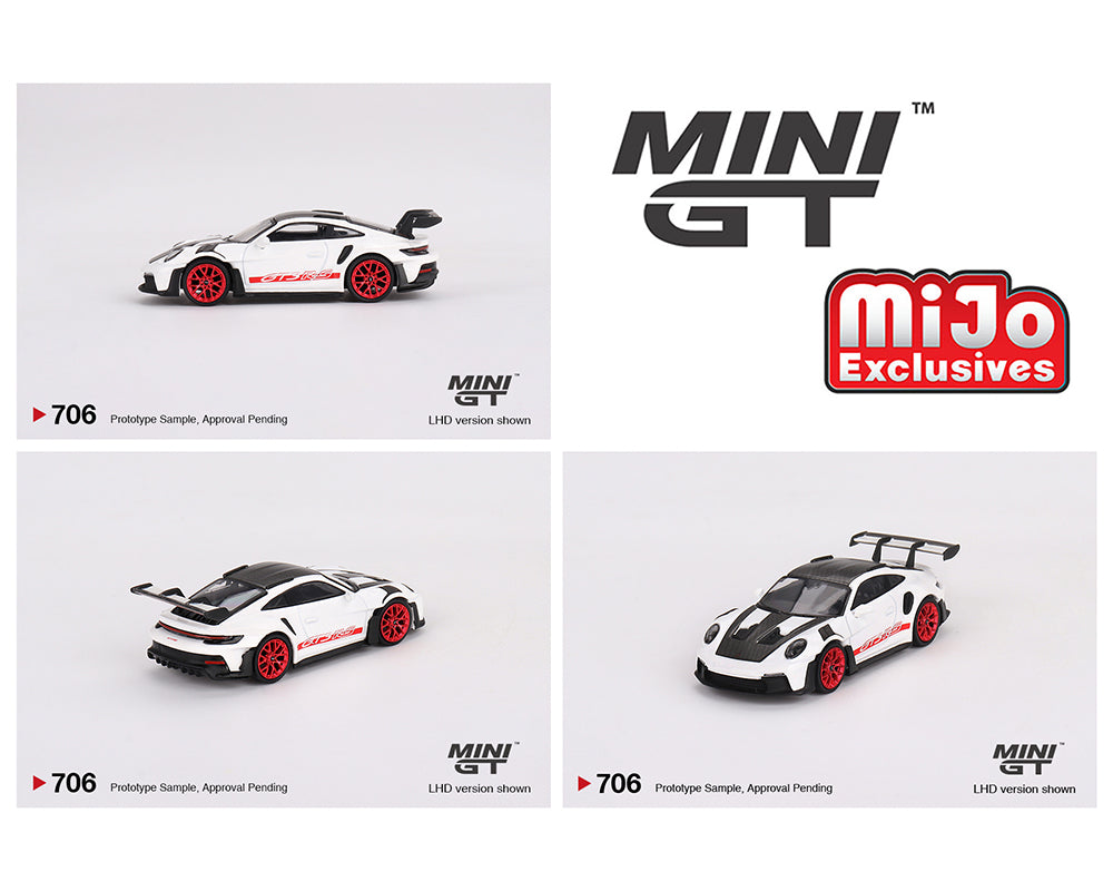 Mini GT 1:64 Porsche 911 (992) GT3 RS Weissach Package – White with Pyro Red- MiJo Exclusives