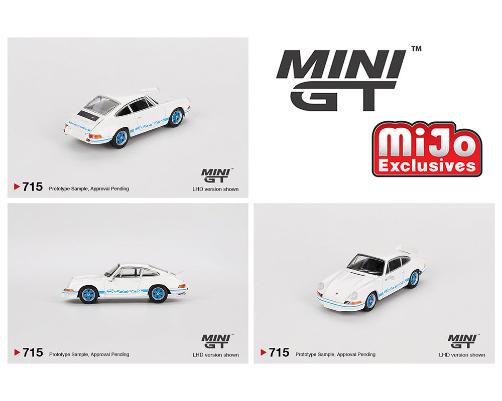 Mini GT 1:64 Porsche 911 Carrera RS 2.7 Grand Prix – White with Blue Livery- Mijo Exclusives