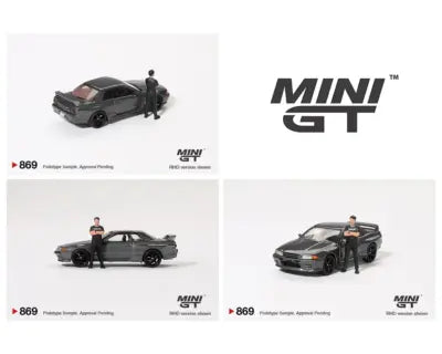 (Preorder) Mini GT 1:64 Nissan Skyline GT-R (R32) Nismo Gunmetal W/ Matsuda Figure – Tsugio Matsuda Collection