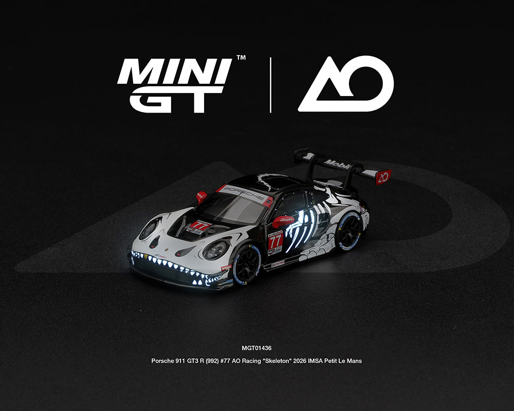 Mini GT 1:64 Porsche 911 GT3 R (992) #77 AO Racing “Skeleton Rexy” 2026 IMSA Petit Le Mans – Limited Edition