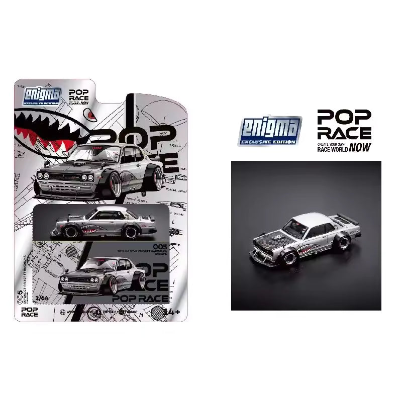 Pop Race 1:64 Skyline GT-R Hakosuka V8 Drift Silver Shark Enigma Blister Card Ver Die-Cast Car Models