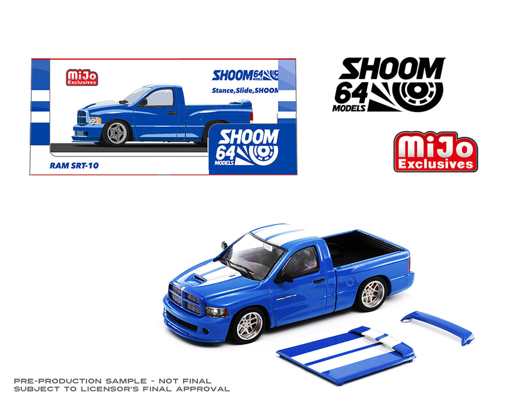 Preorder) SHOOM64 1:64 2003 Dodge Ram SRT-10 Pickup – Electric Blue Pearl / White Stripes – Limited Edition Mijo Exclusives