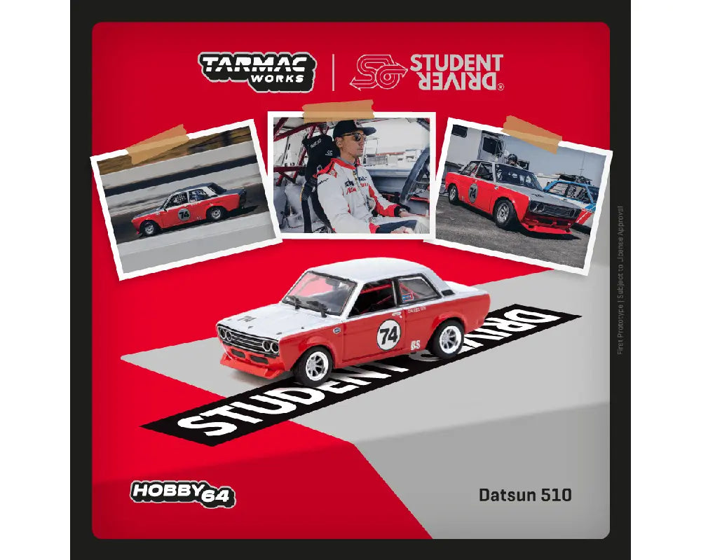 (Preorder) Tarmac Works 1:64 Student Driver Datsun 510 Trans-Am B-Sedan 2.5 Challenge 2023 Daniel Wu – Red – Hobby64