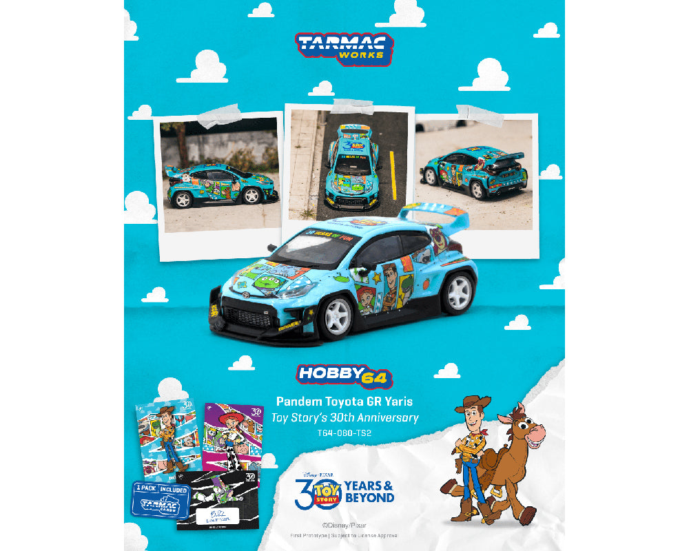 (Preorder) Tarmac Works 1:64 Pandem Toyota GR Yaris Disney Toys Story 30th Anniversary with Trading Card Combo Set