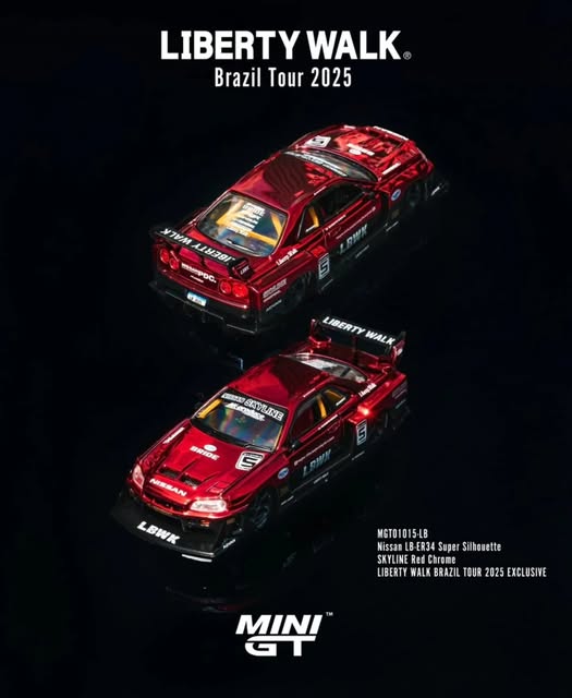 Mini GT x LBWK  Liberty Walk Brazil Tour 2025 Nissan LB-ER34 Super Silhouette Skyline Red Chrome