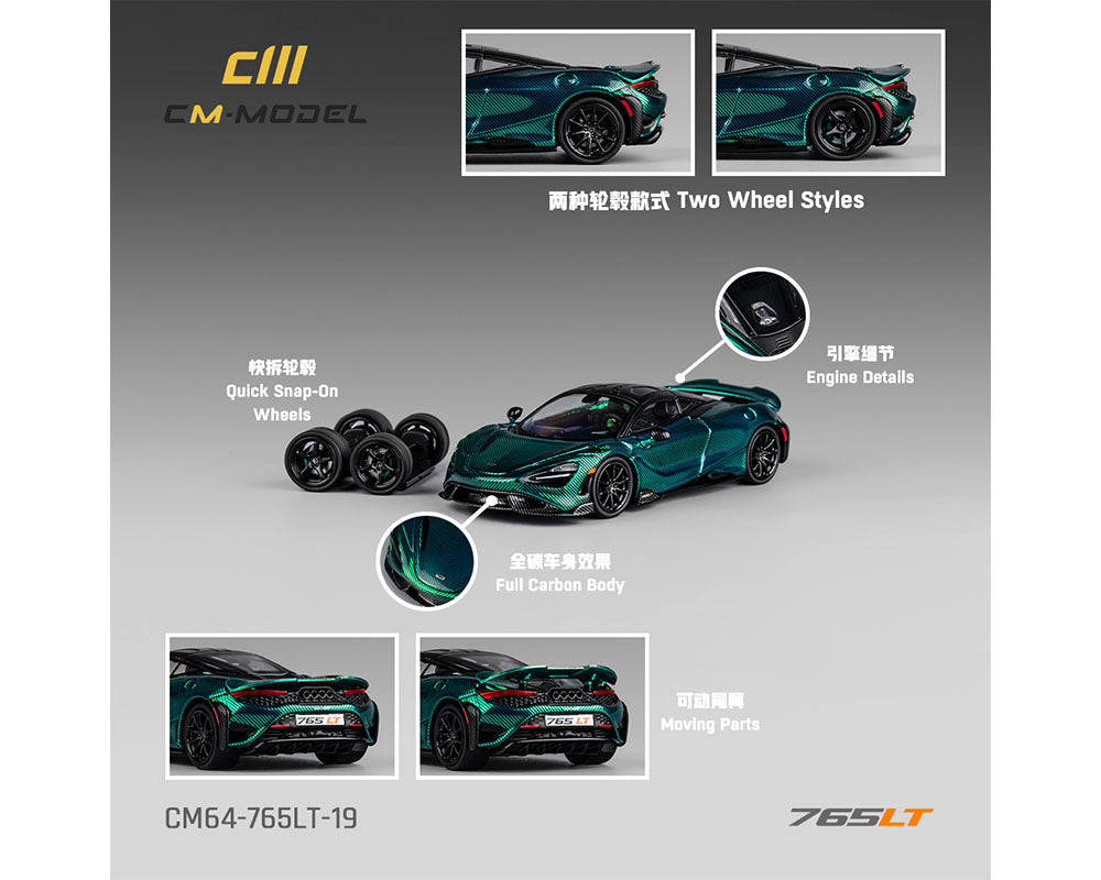 (Preorder) CM Model 1:64 McLaren 765LT – Chrome Green Full Carbon- Limited Edition