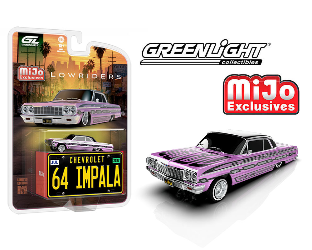Preorder) Greenlight 1:64 Lowriders 1964 Chevrolet Impala SS w/ Mini Metal License Plate – Pink – Mijo Exclusives