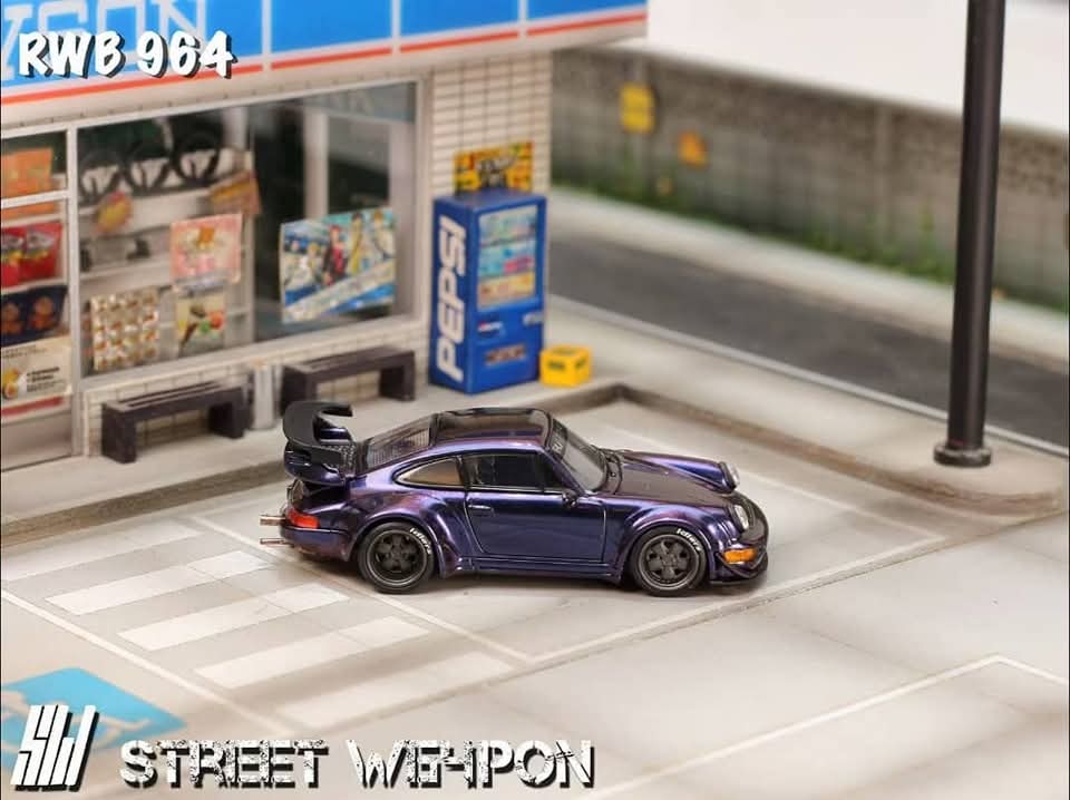 Street Weapon SW 1:64 Diecast Model RWB 964 GT Wing, Rauh-Welt Modified.Magic Purple Color