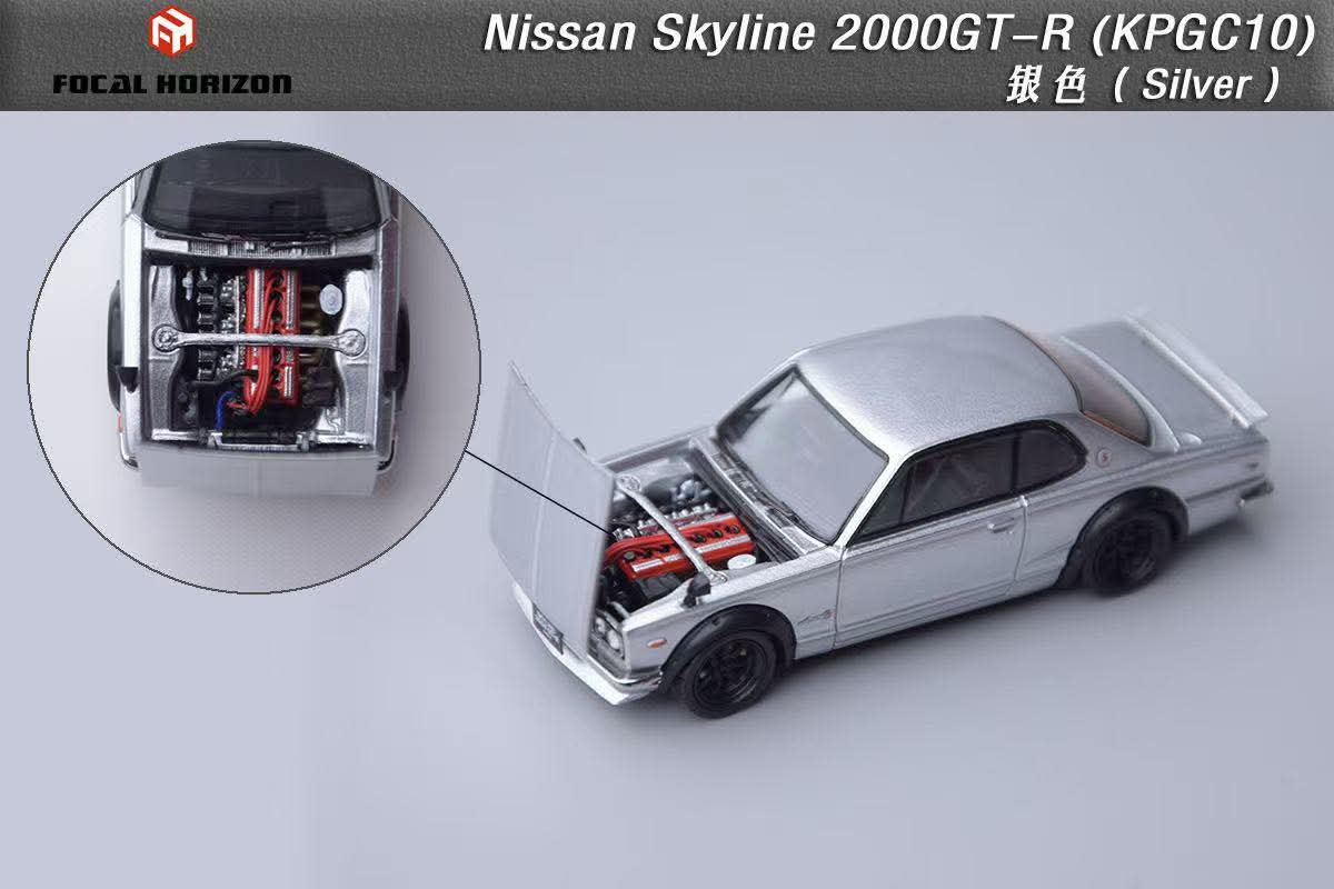 Focal Horizon FH 1:64 Diecast Model New Tooling! Skyline 2000GT-R KPGC10 Open-Hood, Visible Engine Silver Color
