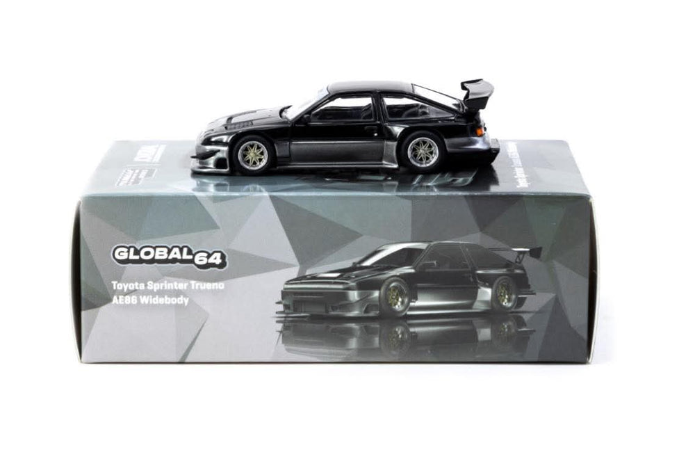 Tarmac Works 1/64 Scale, GLOBAL64 Toyota Sprinter Trueno AE86 Widebody Black / Grey
T64G-060