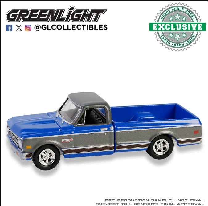 (Preorder) Greenlight 1:64 1972 Chevrolet Cheyenne C10 Short Bed – Blue with Grey – Hobby Exclusive