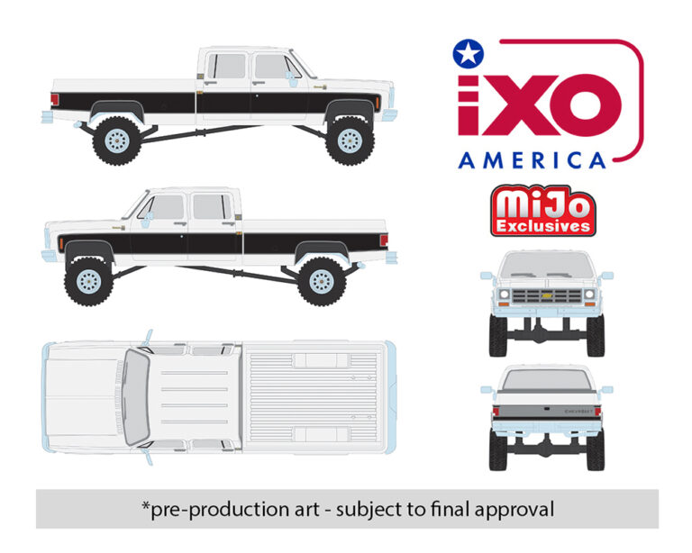 (Preorder) IXO Model 1:64 1978 Chevrolet Silverado K30 Crew Cab Fleetside Lifted – White w/ Black Two Tone – Limited Edition – Mijo Exclusives