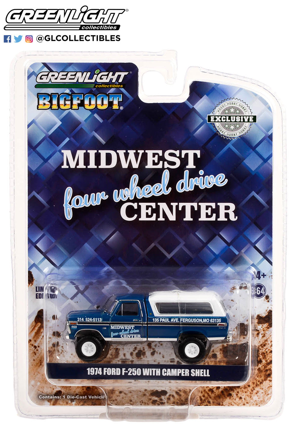 50th Anniversary 1:64 1974 Ford F-250 with Camper Shell - Midwest Four Wheel Drive Center (Hobby Exclusive)