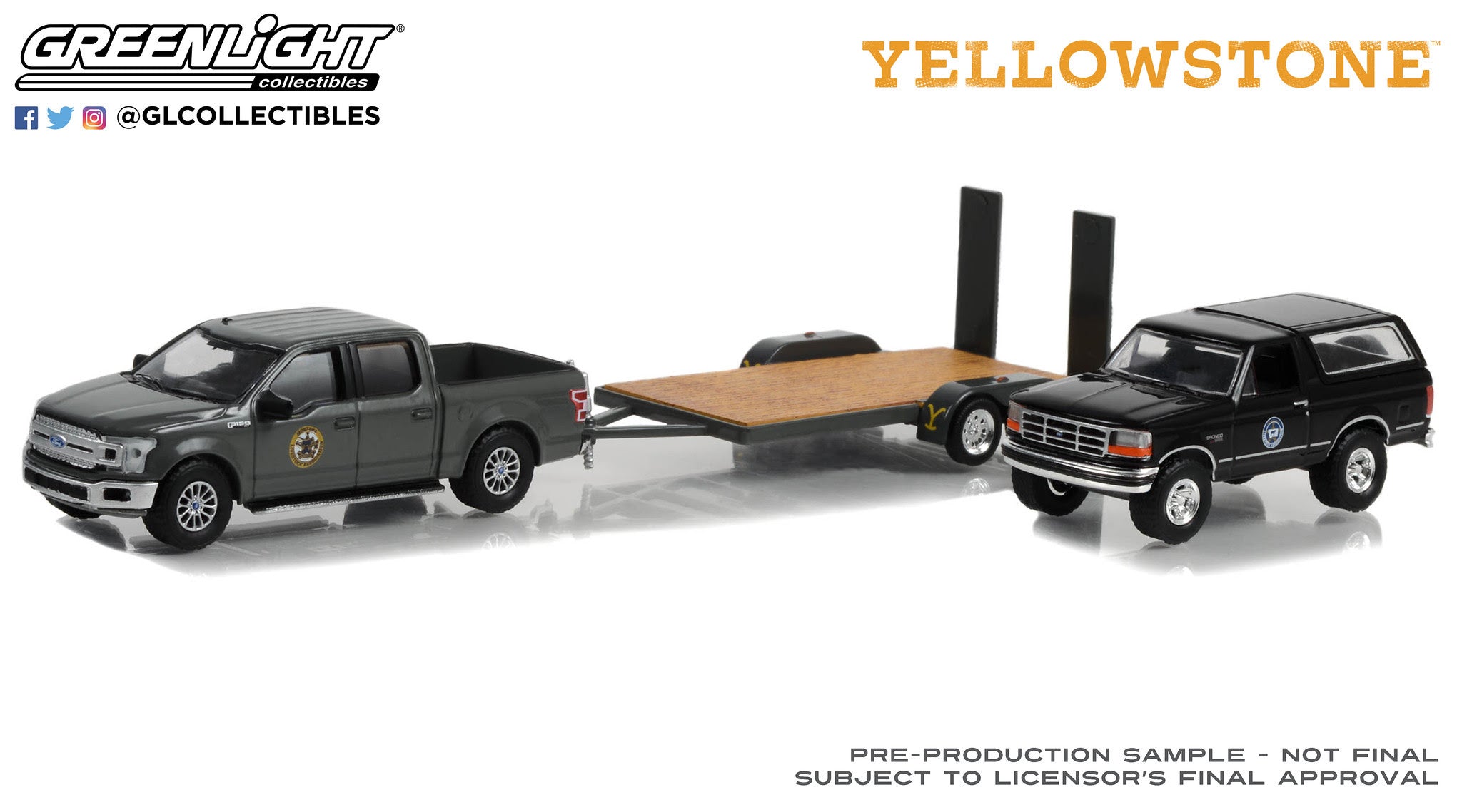 1:64 Yellowstone (2018-Current TV Series) - 2018 Ford F-150 Montana Livestock Association with 1992 Ford Bronco Montana Livestock Association on Flatbed Trailer -