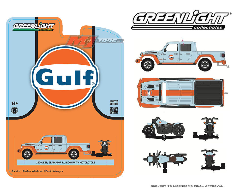 Greenlight 1:64 Indonesia Exclusive 2020 Jeep Gladiator Rubicon With Indian Motorcycle GULF Livery Limited Edition